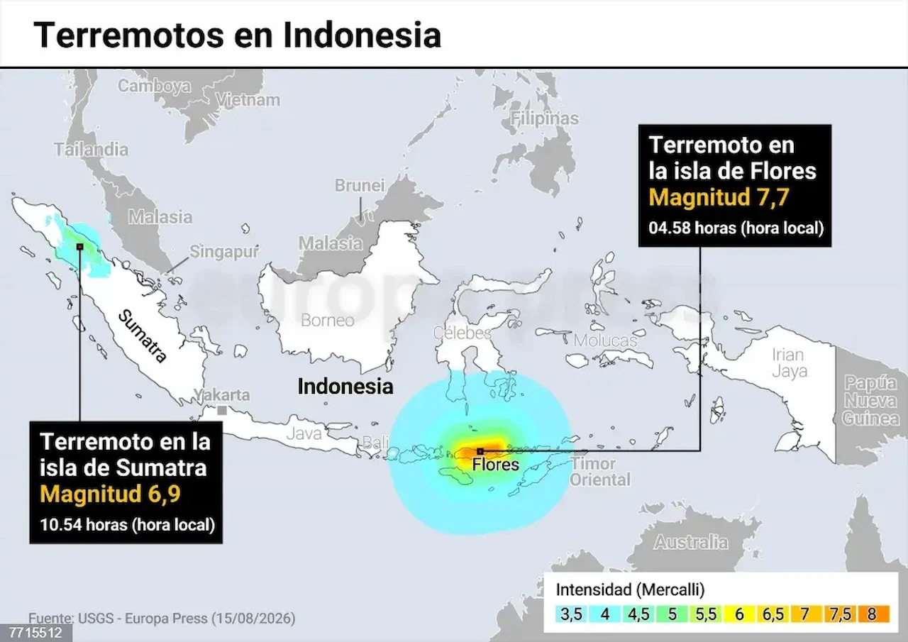 Mapas con terremotos en Indonesia. Un potente terremoto de magnitud 7,7 ha sacudido la madrugada de este sábado la isla de Flores, en el suroeste de Indonesia / Imagen: EP Mapas con terremotos en Indonesia. Un potente terremoto de magnitud 7,7 ha sacudido la madrugada de este sábado la isla de Flores, en el suroeste de Indonesia / Imagen: EP