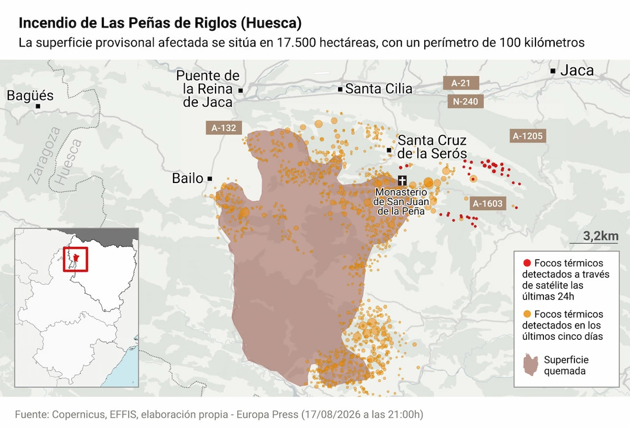 El incendio de Las Peñas de Riglos (Huesca) evoluciona favorablemente tras arder 17.500 hectáreas / Mapa: EP El incendio de Las Peñas de Riglos (Huesca) evoluciona favorablemente tras arder 17.500 hectáreas / Mapa: EP