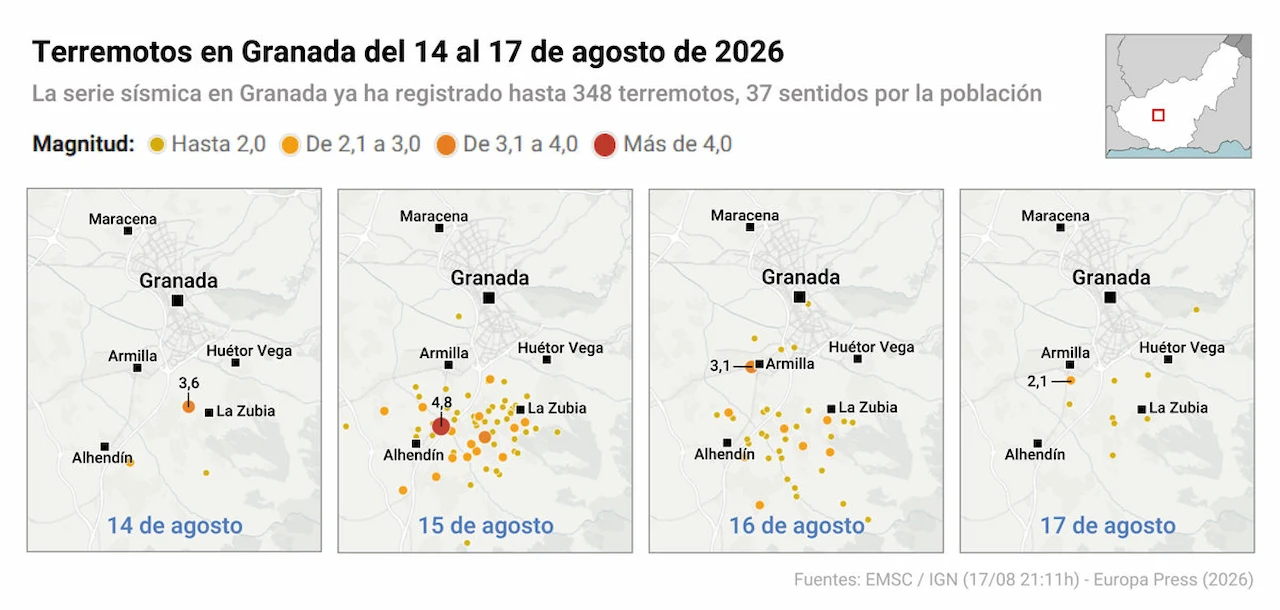 Terremotos en Granada del 14 al 17 de agosto de 2026, en Andalucía (España) / Mapas: EP