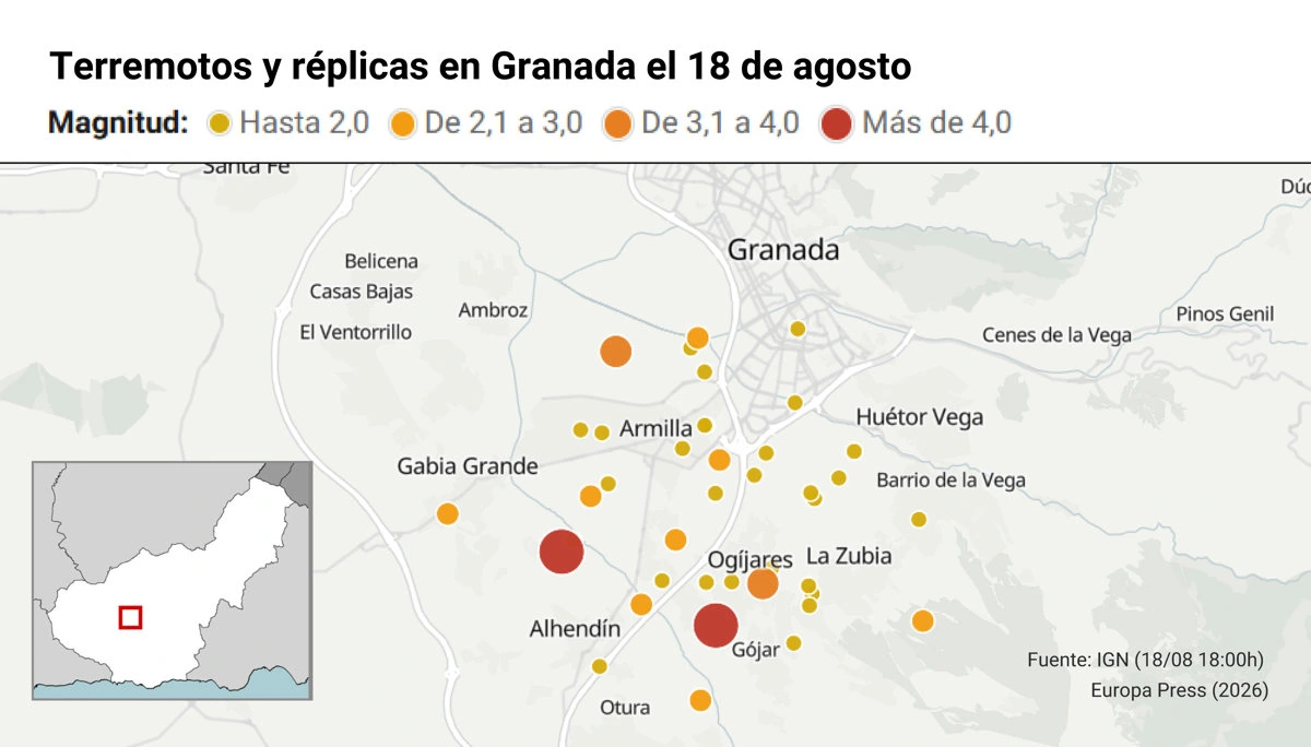 Terremotos y réplicas en Granada el 18 de agosto en Andalucía (España) / Mapa: EP Terremotos y réplicas en Granada el 18 de agosto en Andalucía (España) / Mapa: EP
