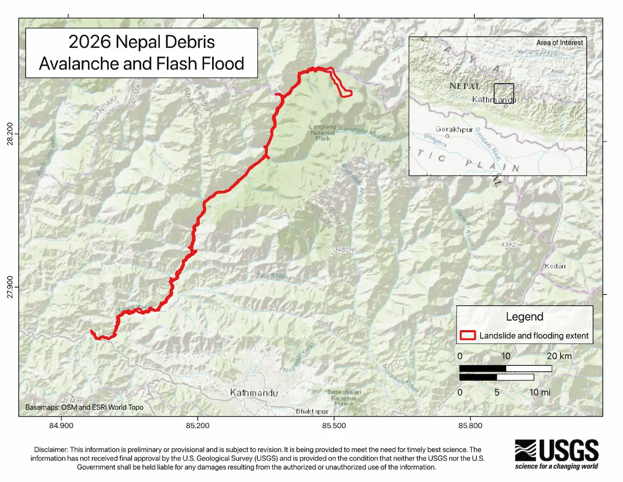 Mapa de avalanchas de escombros e inundaciones repentinas de Nepal de 2026 / Imagen: USGS