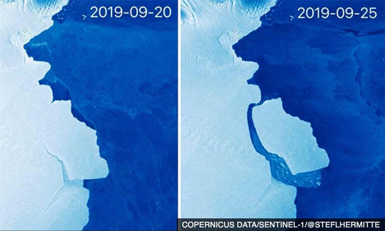 Imagen via satélite de la separación del bloque desde la plataforma de hielo / Foto: Copernicus Data - Sentinel