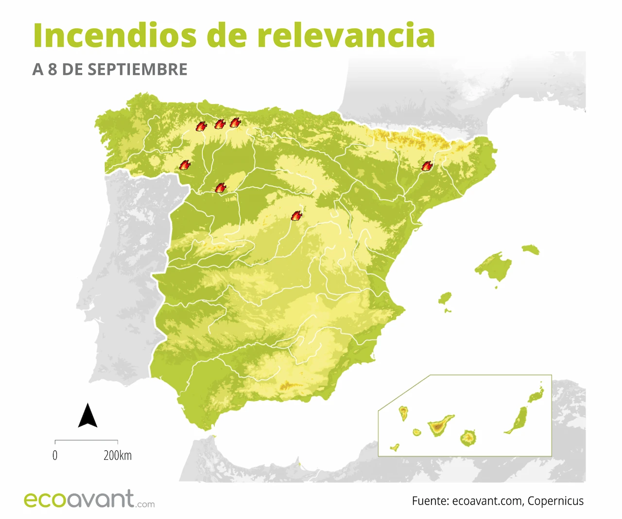 Mapa de los incendios forestales activos a 8 de septiembre de 2026 / Imagen: EA Mapa de los incendios forestales activos a 8 de septiembre de 2026 / Imagen: EA