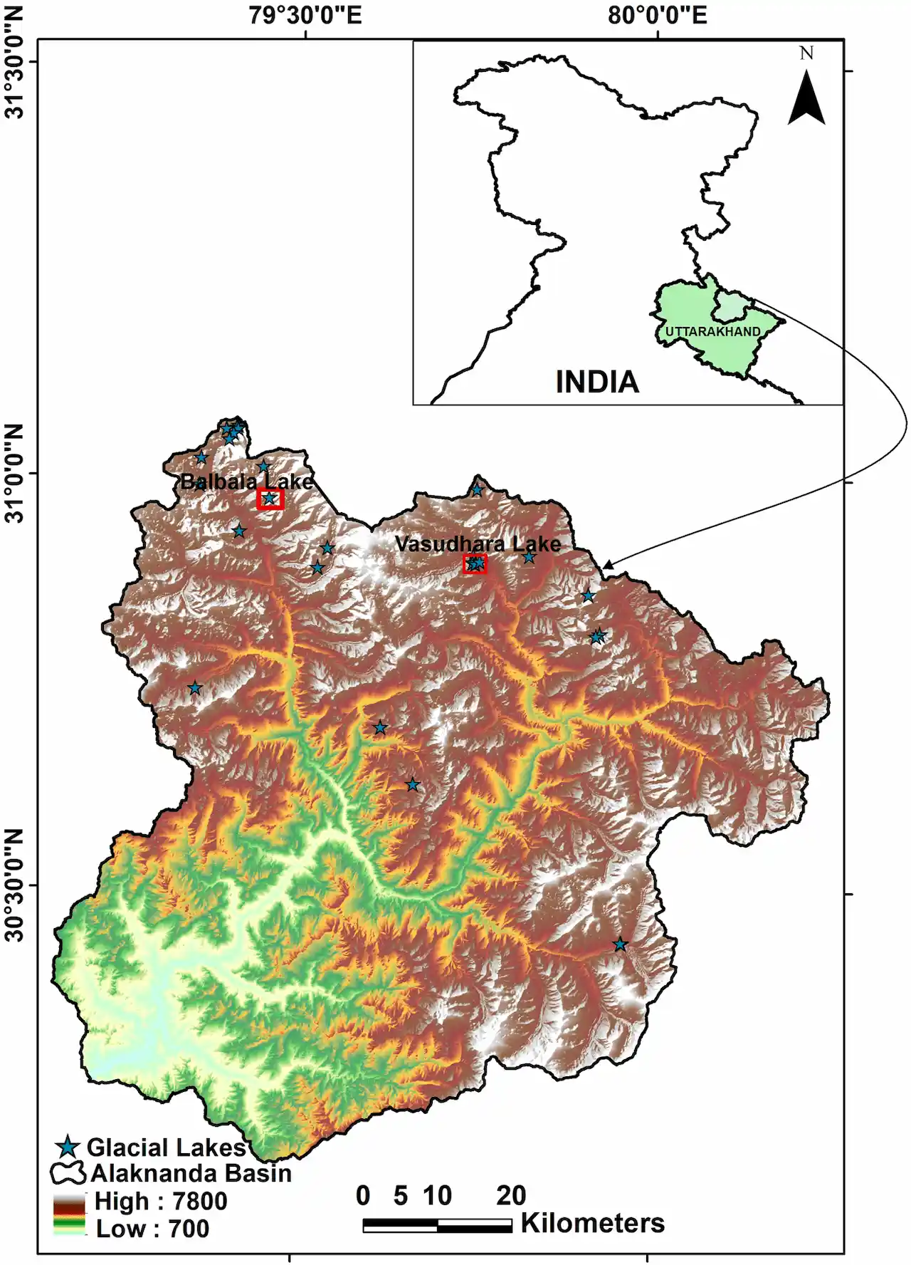 Distribución espacial de los 24 lagos glaciares de más de 0,01 km² identificados en 1994 en la cuenca de Alaknanda / Imagen: NASA