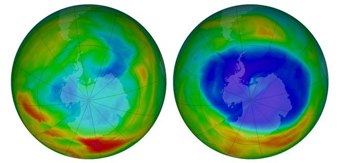 Agujero en la capa de ozono en septiembre de 1979 (izquierda) y 2014 (derecha) / Foto: NASA