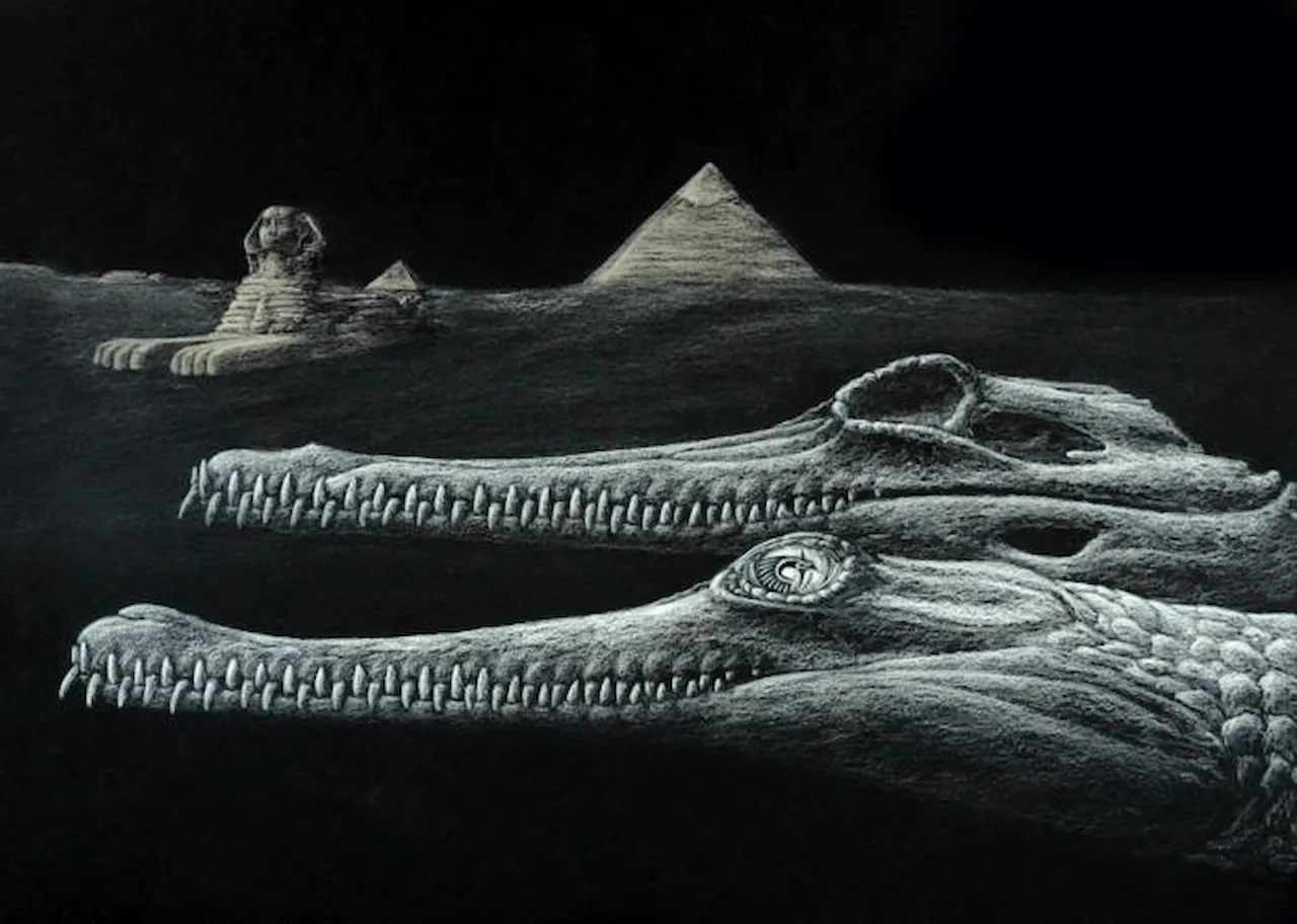 Reconstrucción del extinto Herugavialis cairensis con la Gran Esfinge y las pirámides representadas al fondo / Imagen: Karim Zanaty