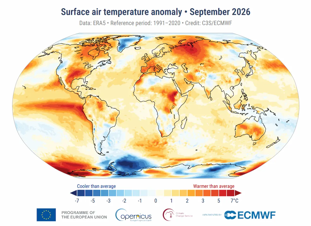 Mapa de la anomalía de la temperatura del aire en superficie en septiembre de 2026, respecto a la media de 1991–2020 / Imagen: C3S/ECMWF (Copernicus) Mapa de la anomalía de la temperatura del aire en superficie en septiembre de 2026, respecto a la media de 1991–2020 / Imagen: C3S/ECMWF (Copernicus)