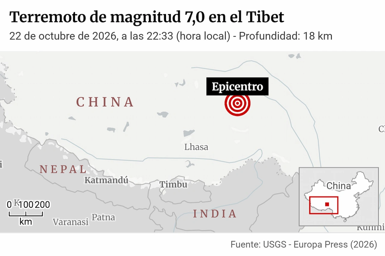 Mapa del terremoto de magnitud 7,0 en el Tibet / Imagen: EP Mapa del terremoto de magnitud 7,0 en el Tibet / Imagen: EP