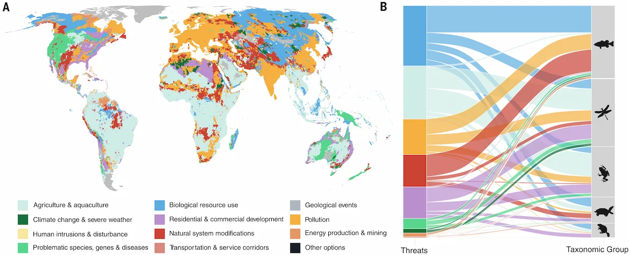 Patrones globales y taxonómicos en las principales categorías de amenazas para las especies de agua dulce / Imagen: Science