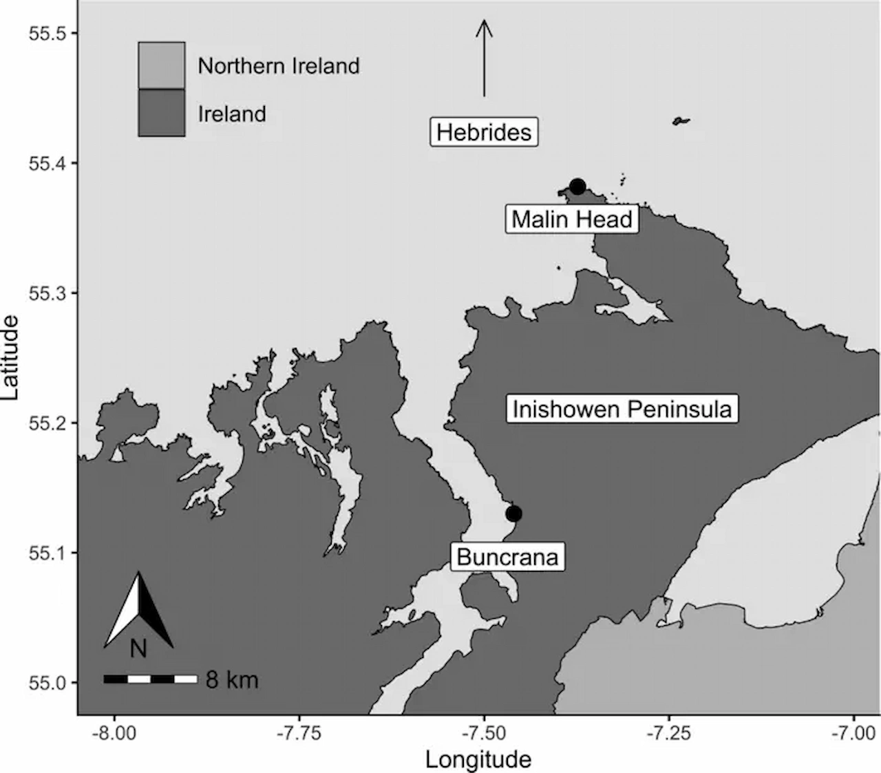 La península de Inishowen, en el condado irlandés de Donegal, es la zona que recrea el modelo de tiburones peregrinos / Imagen: Gray et al., 2026 (Individual-based Ecology)