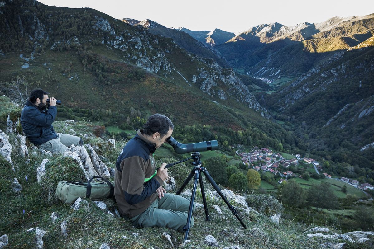 El guarda Juan Díaz (en primer plano) y el director del parque, Luis Fernando Alonso, observando animales con telescopios en el Rozo de la Peral / Foto: Roger Rovira