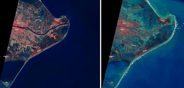 Imágenes del satélite Sentinel-1 del programa Copernicus de la Agencia Espacial Europea que muestran la magnitud de la inundación tras el paso de la tempestad / Foto: ESA