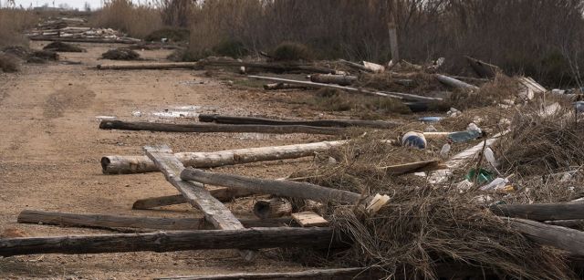 Enormes postes de las 35 mejilloneras destrozadas en la bahía del Fangar lanzadas por las olas a decenas de metros tierra adentro / Foto: Josep Cano