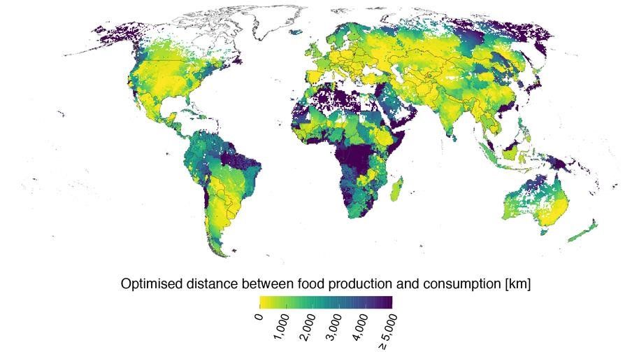 Distancia media entre la producción de alimentos y su consumo / Gráfico: Universidad de Aalto