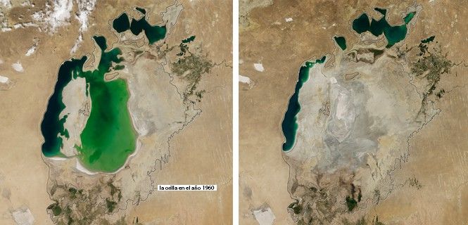 El lago en agosto del año 2000 (izquierda) y del año 2014 (derecha). Réquiem por el Aral / Foto: NASA