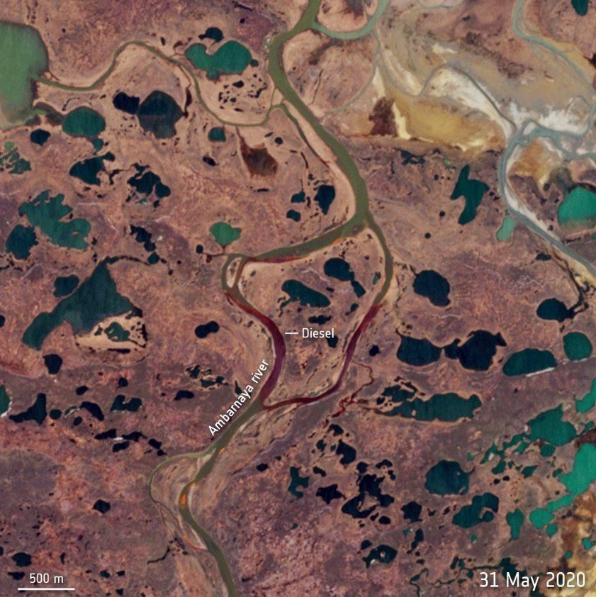 Imagen satelital de la contaminación del el río Ambárnaya, Rusia / Foto: EP