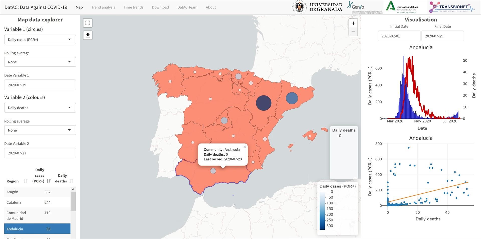 Captura del mapa interactivo que se genera en DatAC, permite estudiar factores ambientales asociados a la pandemia  de la Covid-19- UGR / EP