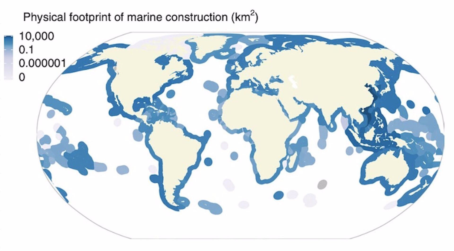 Mapa que muestra la huella física de la construcción de los océanos a nivel mundial / Foto: EP