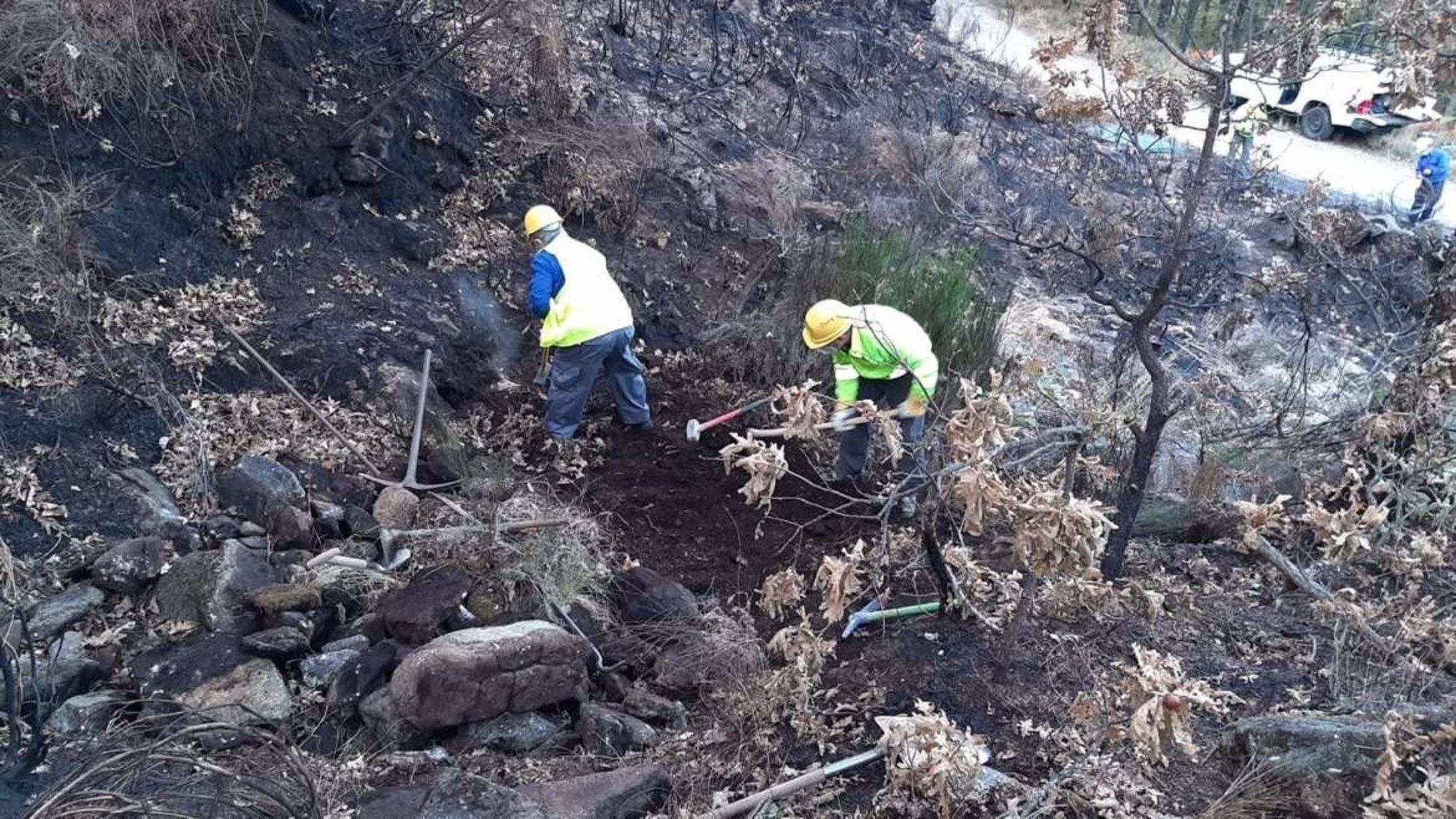 Trabajos de corrección hidrológica para paliar efectos de los incendios en el terreno en Garganta la Olla, Extremadura / Foto: EP