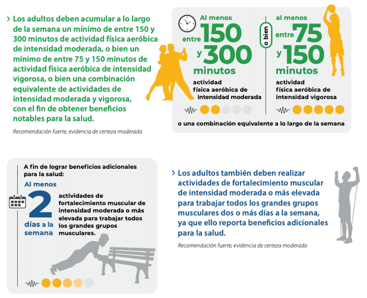 Recomendaciones de la OMS sobre el ejercicio que deberían realizar los adultos de 18 a 64 años semanalmente. Fuente OMS, 2020.