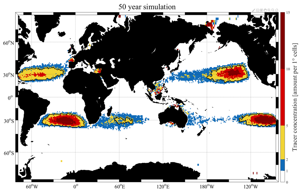 Localizaciones de las cinco islas subtropicales de basura 2019 / Imagen: The Conversation