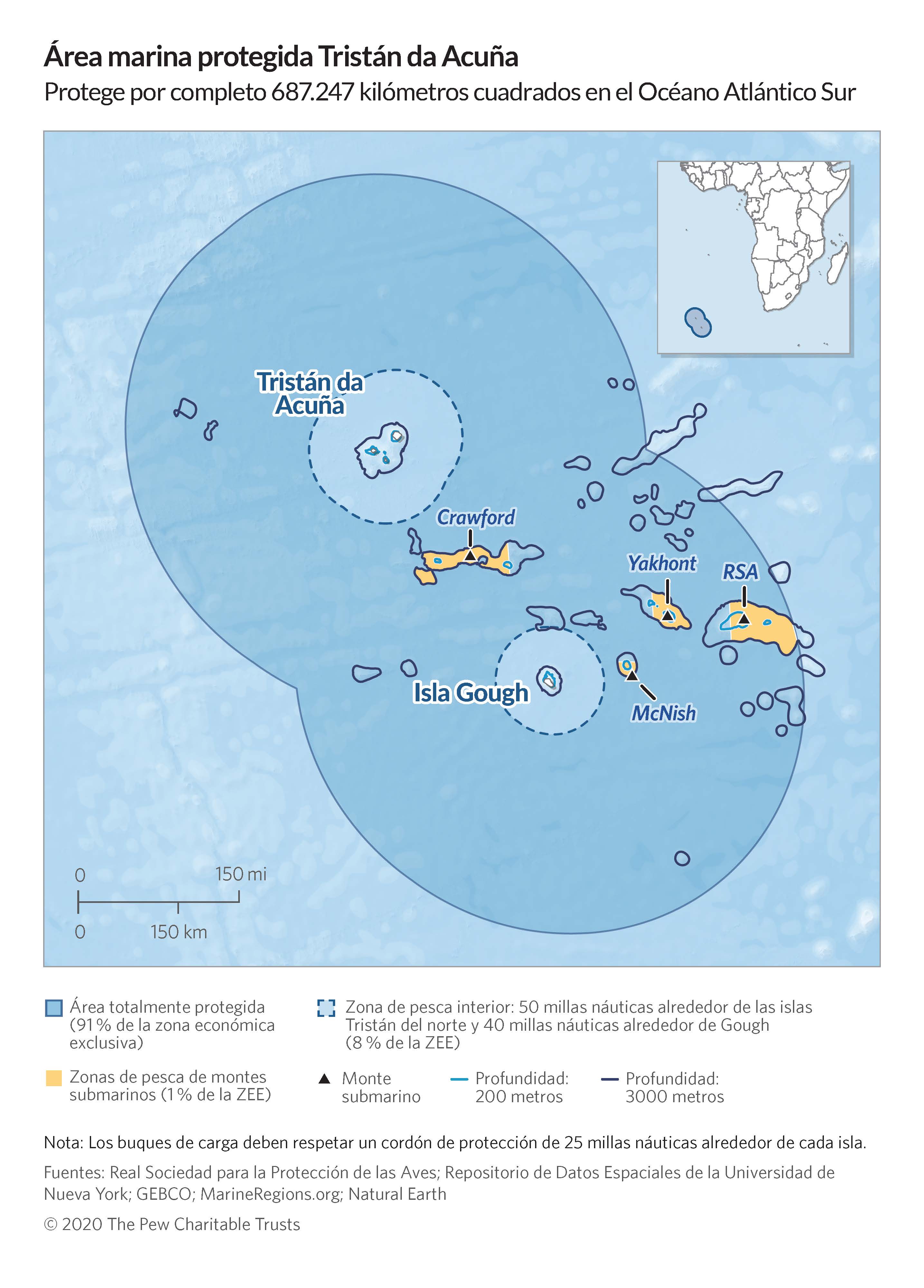 Mapa explicativo de las diferentes zonas y usos dentro del Área Marina Protegida de Tristan da Cunha / Imagen y traducción: The Pew Charitable Trusts
