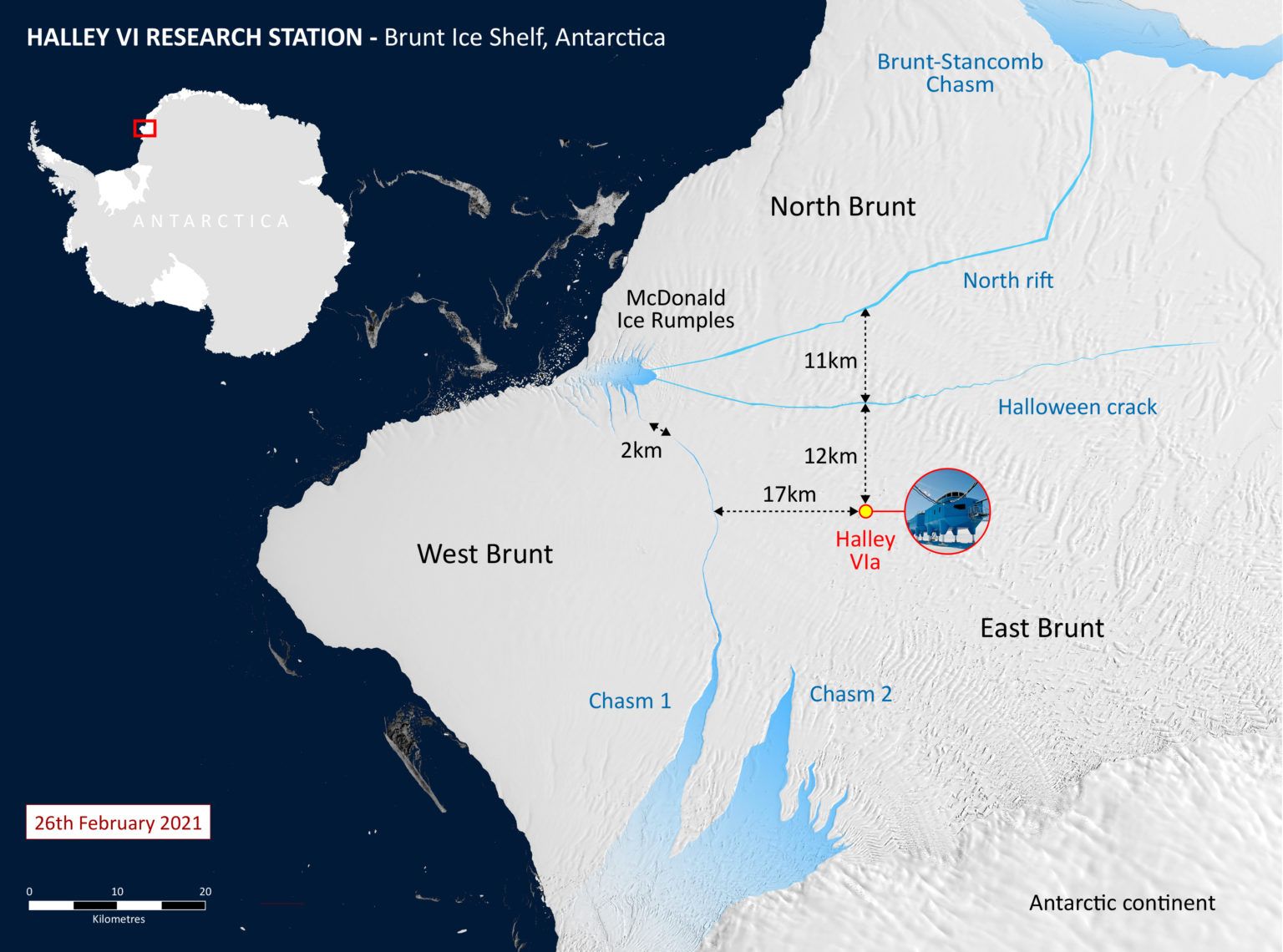 Mapa de la plataforma de hielo de Brunt y la estación de investigación Halley / Imagen: BAS Mapa de la plataforma de hielo de Brunt y la estación de investigación Halley / Imagen: BAS