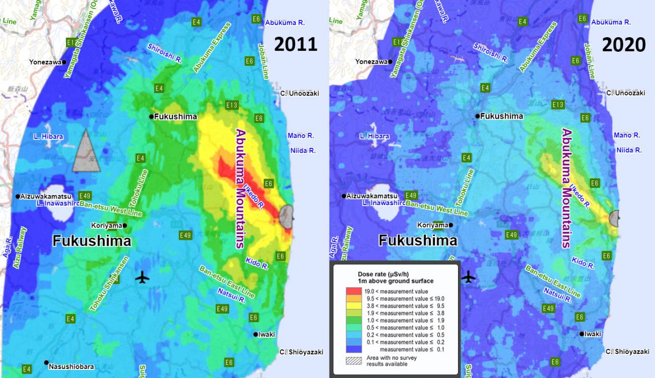 Evolución de la radiación en el aire en el entorno de Fukushima entre 2011 y 2020. / ramap.jmc.or.jp Evolución de la radiación en el aire en el entorno de Fukushima entre 2011 y 2020. / ramap.jmc.or.jp