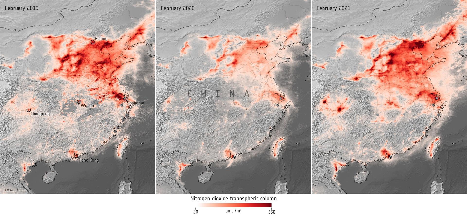 Concentraciones de diòxido de nitrógeno sobre China antes y durante la pandemia de la COVID-19 / Imagen: ESA  (Agencia Espacial Europea)